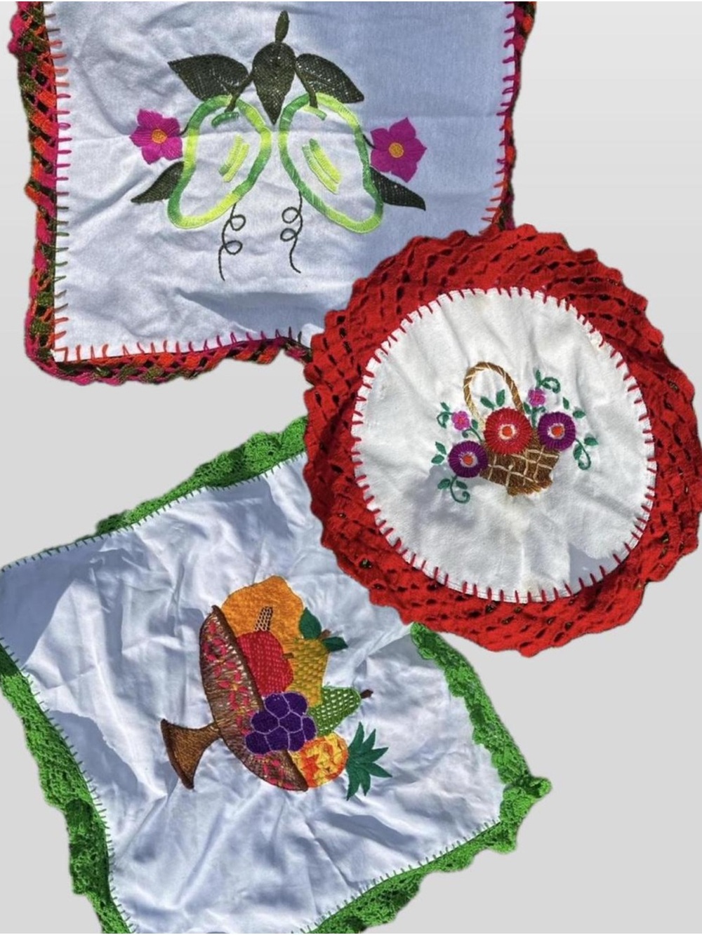 Hand-Embroidered Decorative Doilies - White with Red, Green & Multicolor Accents